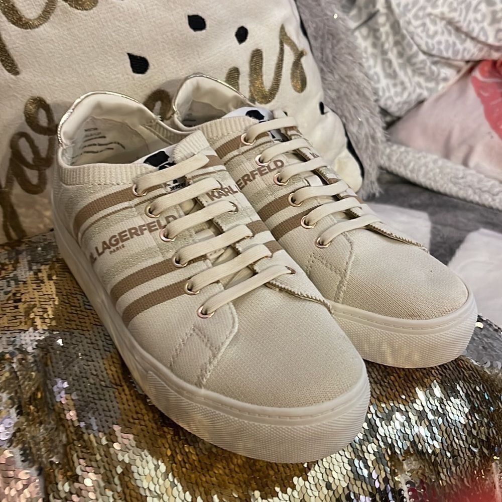 Karl lagerfield cyrilla white tan ecru knit sneakers 7m - Picture 2 of 8